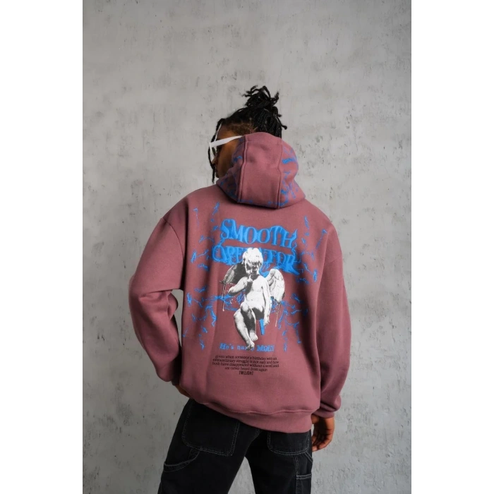 Erkek Yıldırım Baskılı Kapşonlu Sweat - Gül Kurusu