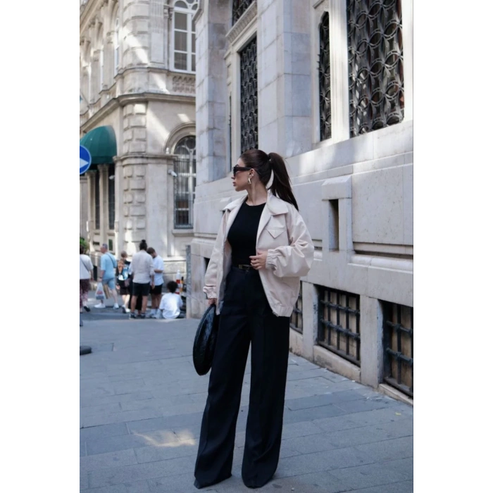 Fermuarlı Gömlek Yaka Bomber Ceket - Beyaz