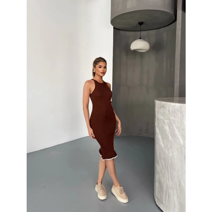 Fırfır Detaylı Triko Elbise- Kahverengi