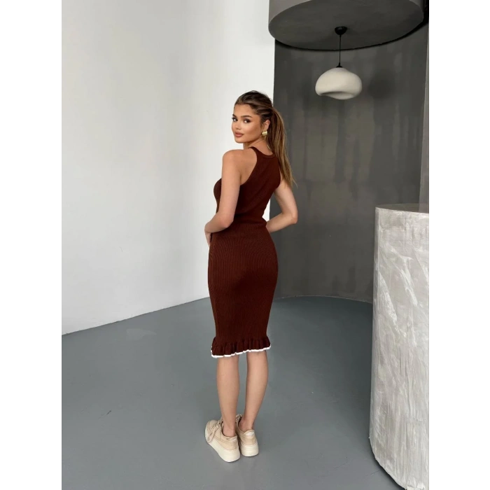 Fırfır Detaylı Triko Elbise- Kahverengi