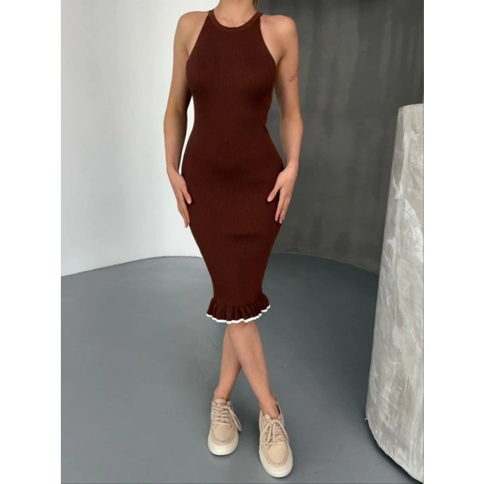 Fırfır Detaylı Triko Elbise- Kahverengi