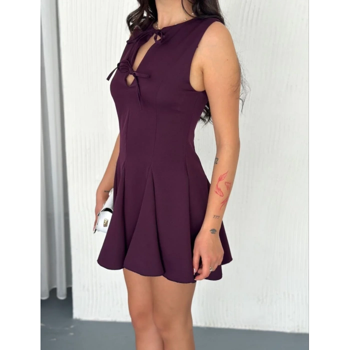 Göğüs Bağlamalı Kolsuz Mini Boy Elbise - Gül Kurusu