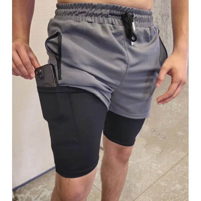 İç Cepli Sporcu Alt Taytlı Şort - GRİ