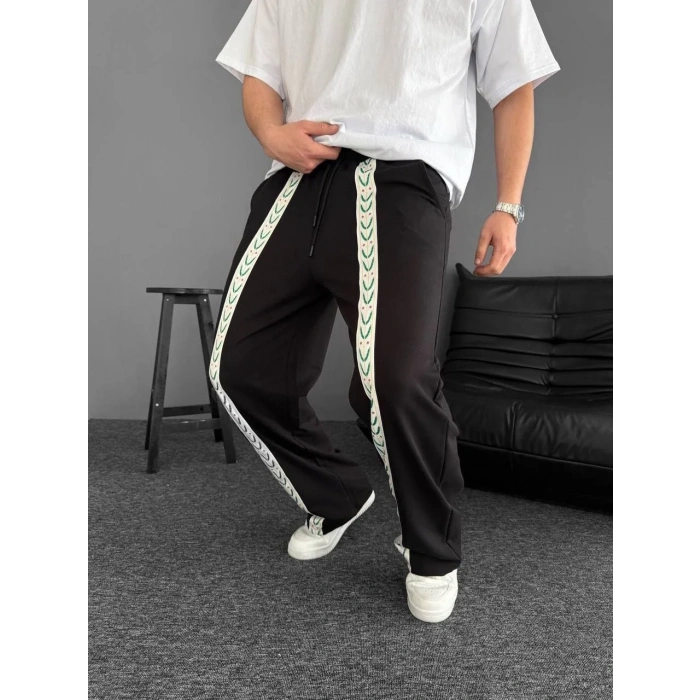 İki İplik Kumaş Şeritli Alt Esofman - Siyah