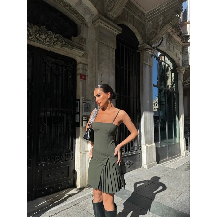 İki Parçalı Pileli Askılı Kadın Mini Elbise - Haki