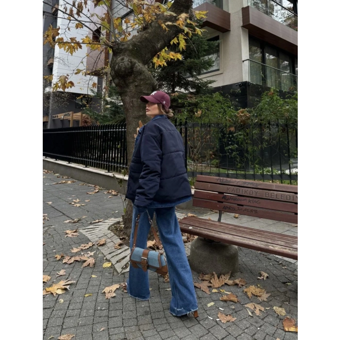 Jeans Detaylı Cıtcıtlı Ceket Mont - Lacivert