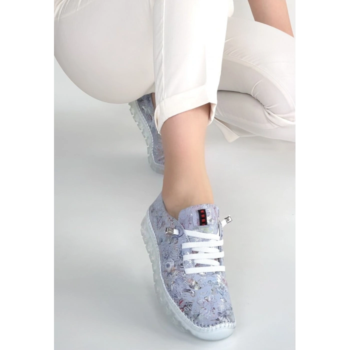 Jiten Lila Desenli Deri Bağcıklı Spor Ayakkabı