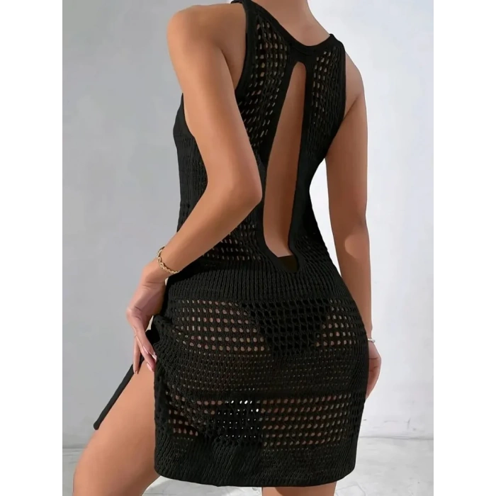 Kadın Askılı Derin Sırt Dekolteli Ajurlu Triko Pareo