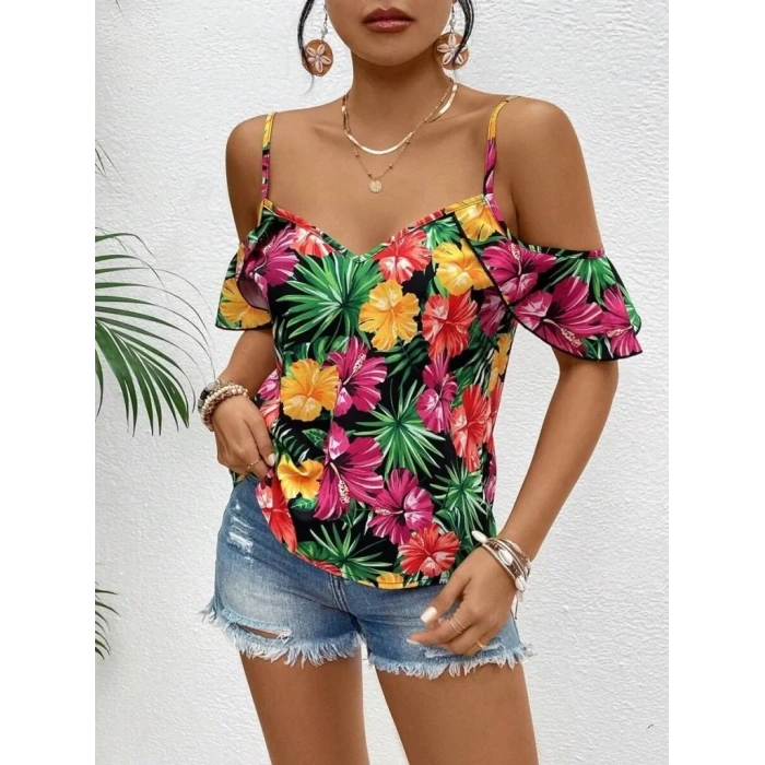 Kadın Askılı Omuzlardan Açık çiçek Baskılı Bluz