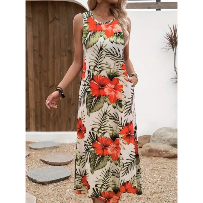 Kadın Askılı Yuvarlak Yaka Cepli Desenli Süprem Elbise