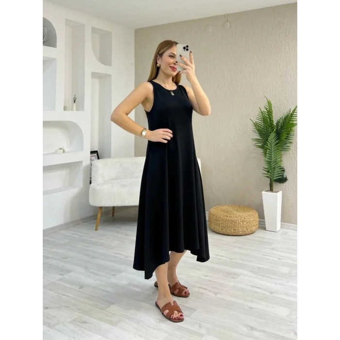 Kadın Askılı Yuvarlak Yakalı Asimetrik Kesim Detaylı Viskon Elbise