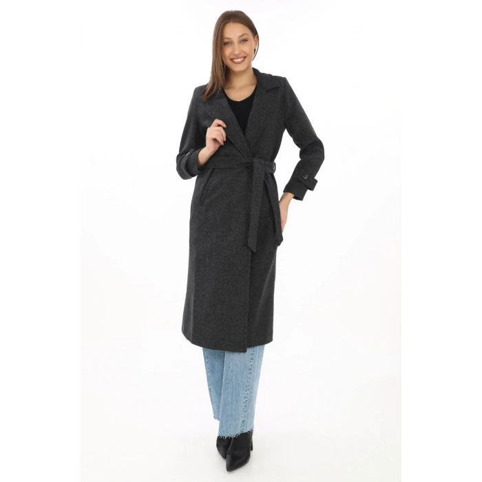 Kadın Balık Sırtı Kaşe Kaban – Uzun Boy Kruvaze Yaka Kuşaklı Astarlı Kışlık Tesettür Kaban, Yünlü Dokuma Kaşmir Kumaş, Cepli Rahat Oversize Kalıp Şık Modern Kaban Mont Modeli (Günlük ve Özel Gün Kombinlerine Uygun) - Siyah