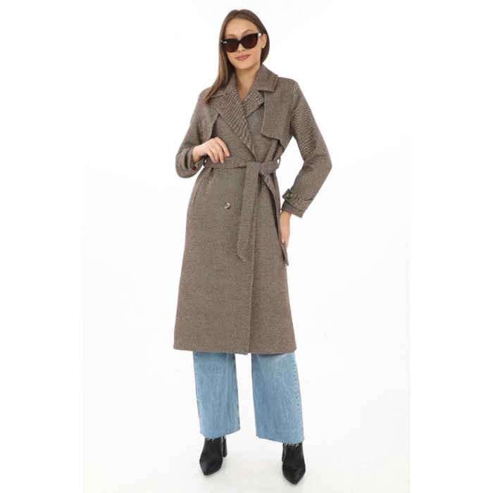 Kadın Balık Sırtı Yünlü Dokuma Kaşe Kaban – Kruvaze Yaka, Kuşaklı, Cepli, Astarlı Uzun Boy Tesettür Şık Kışlık Kaşe Kaban Modeli - Vizon