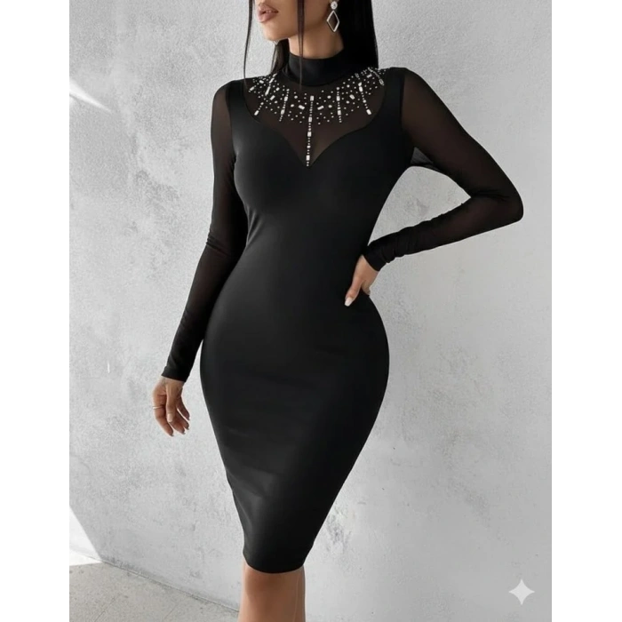 Kadın Balıkçı Yaka Dalgıç Kumaş Taş Ve Transparan Detaydiz üstü Elbise