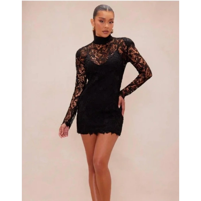 Kadın Balıkçı Yaka Full Dantel Güpür Mini Elbise