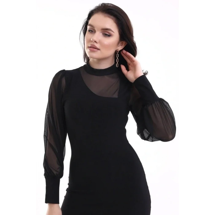 Kadın Balıkçı Yaka Transparan Detay Fırsat ürün Sandy Kumaş Mini Elbise