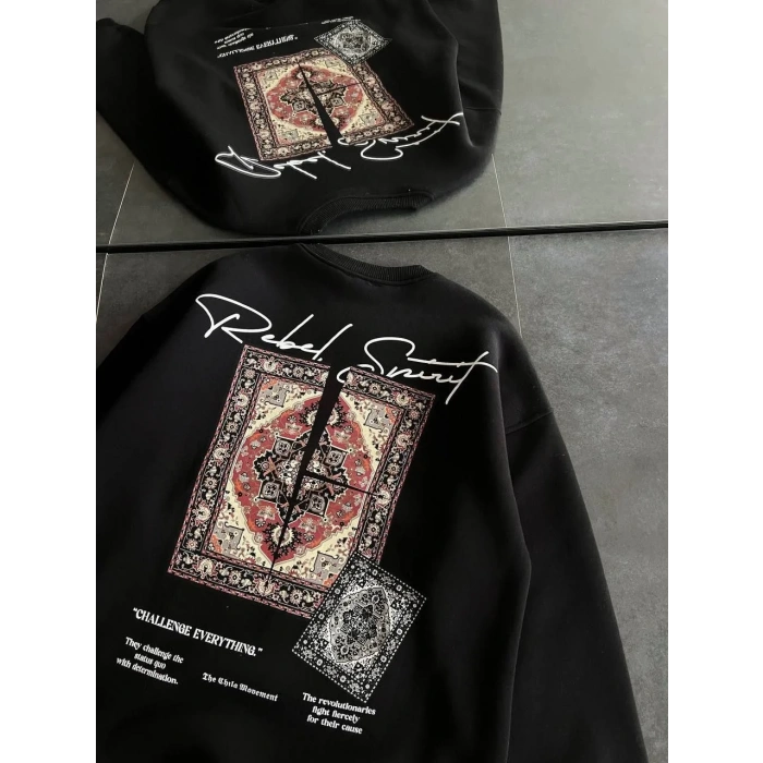 Kadın Bisiklet Yaka Baskılı SweatShirt - Siyah