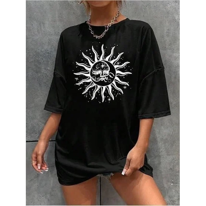 Kadın Bisiklet Yaka Baskılı T-shirt - Siyah