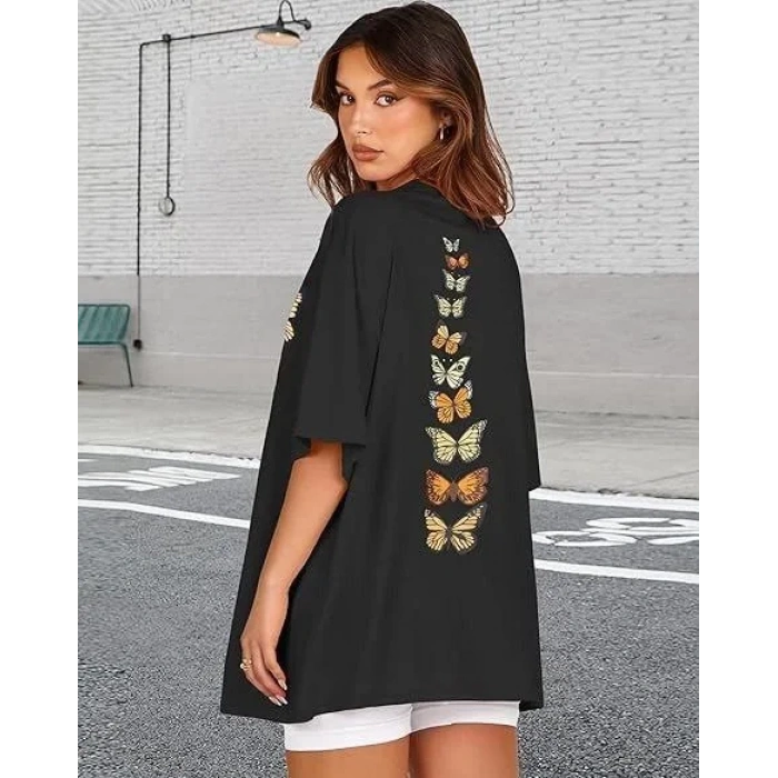 Kadın Bisiklet Yaka Baskılı T-shirt - Siyah