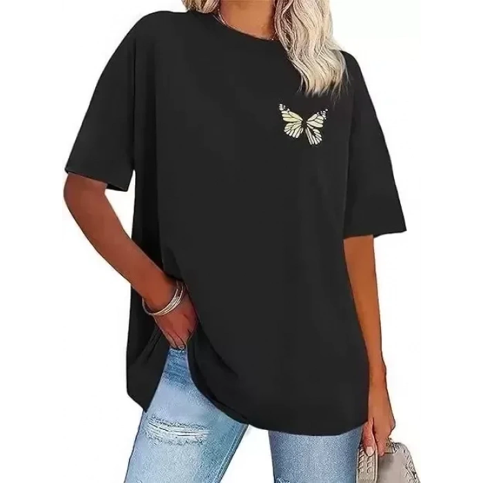 Kadın Bisiklet Yaka Baskılı T-shirt - Siyah