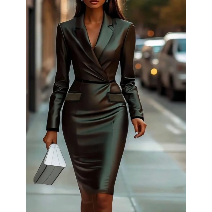 Kadın Ceket Yaka Ve Cep Detay Dizüstü Deri Elbise