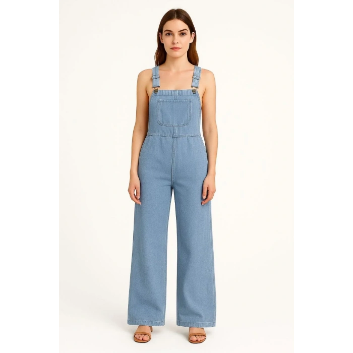 Kadın Chambray Açık Mavi Denim Görünümlü Geniş Paça Salopet Tulum - Mavi