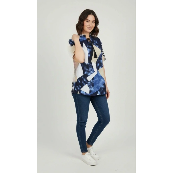 Kadın Desenli Püsküllü Viskon Bluz Bebe Yaka Kısa Kollu Big Size Rahat Kesim - Desenli
