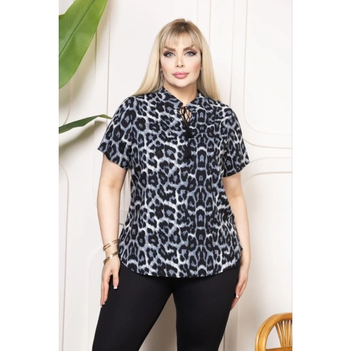 Kadın Desenli Püsküllü Viskon Bluz Bebe Yaka Kısa Kollu Big Size Rahat Kesim - Desenli