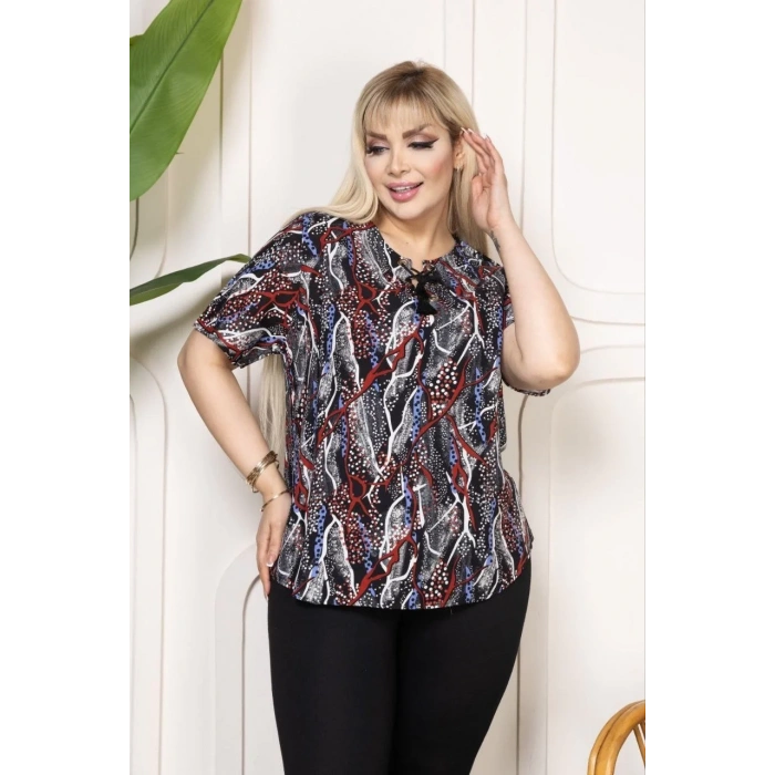 Kadın Desenli Püsküllü Viskon Bluz Bebe Yaka Kısa Kollu Big Size Rahat Kesim - Desenli