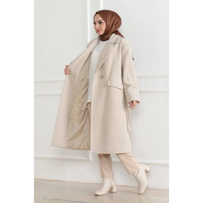 Kadın Düğmeli İçi Astarlı Kaşmir Kaşe Kaban - Bej