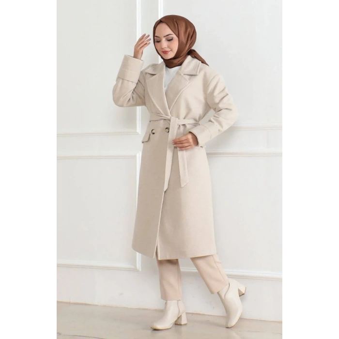 Kadın Düğmeli İçi Astarlı Kaşmir Kaşe Kaban - Bej