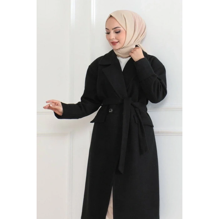 Kadın Düğmeli İçi Astarlı Kaşmir Kaşe Kaban - Siyah