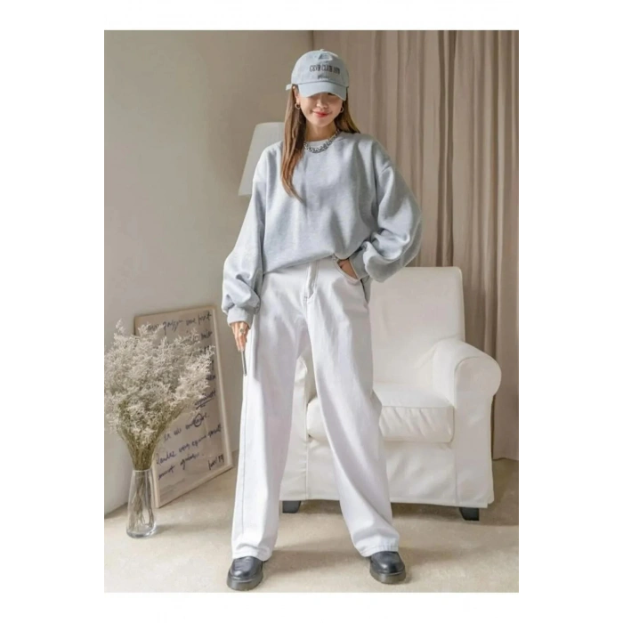 Kadın Düz Bisiklet Yaka Sweat - Gri