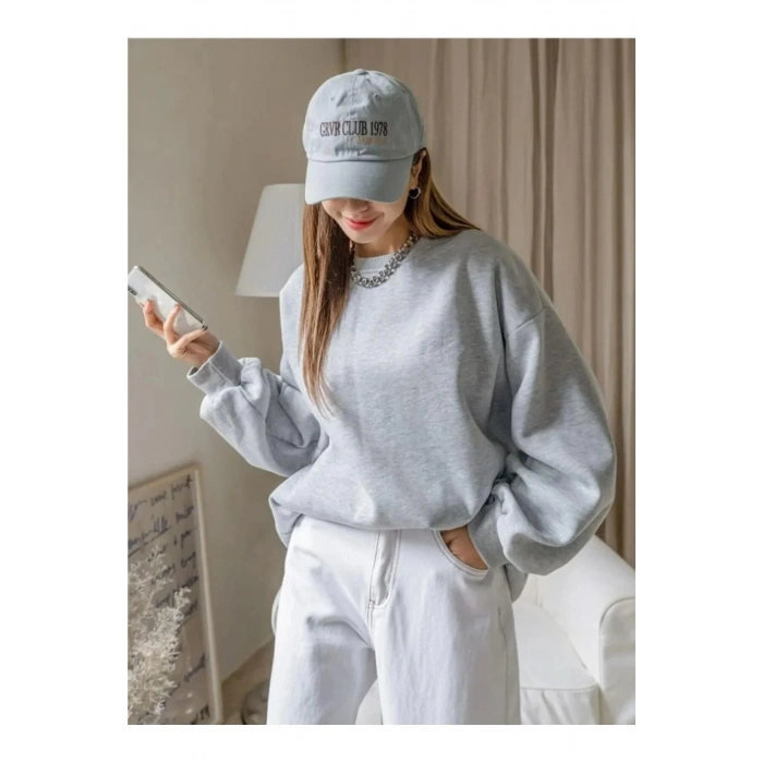 Kadın Düz Bisiklet Yaka Sweat - Gri