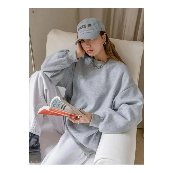 Kadın Düz Bisiklet Yaka Sweat - Gri
