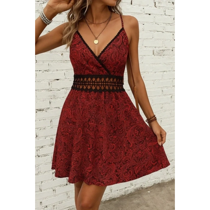 Kadın Ip Askılı Kruvaze Yakalı Desenli Mini Süprem Mini Elbise