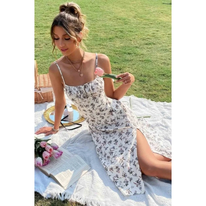 Kadın Ip Askılı Yakadan Bağcıklı Desenli Süprem Elbise