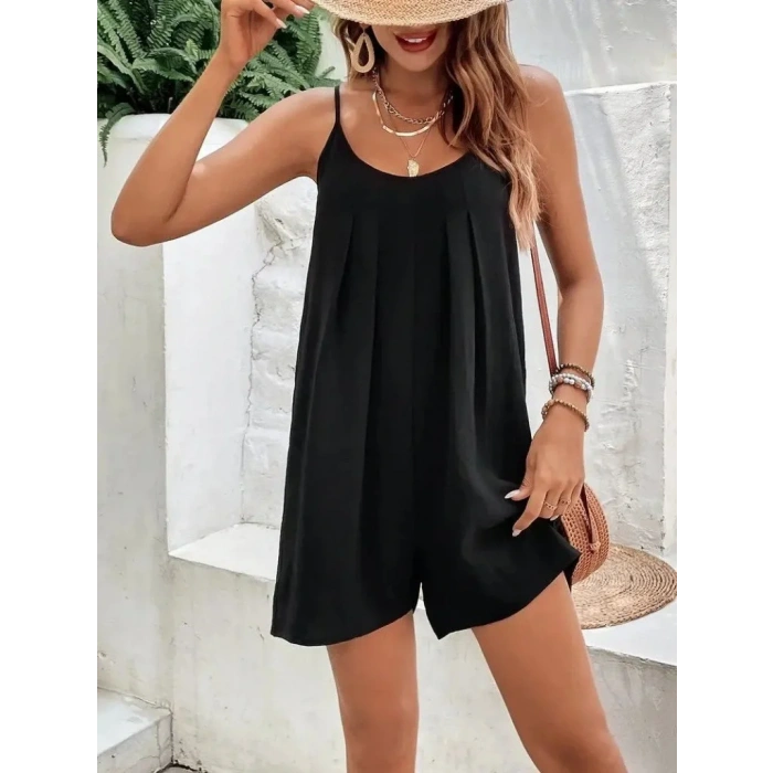 Kadın Ip Askılı Yuvarlak Yakalı Pileli Viskon Tulum