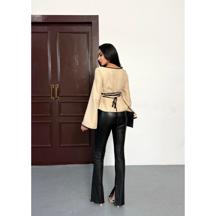 Kadın İspanyol Kol Arkası Bağcık Ip Detay Keten Bluz