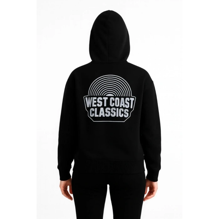 Kadın Kapşonlu Sweatshirt – Oversize Üç İplik Şardonlu Hoodie, “West Coast Classics” Ön & Arka Baskılı, Kanguru Cepli Kışlık Günlük Stil - Siyah