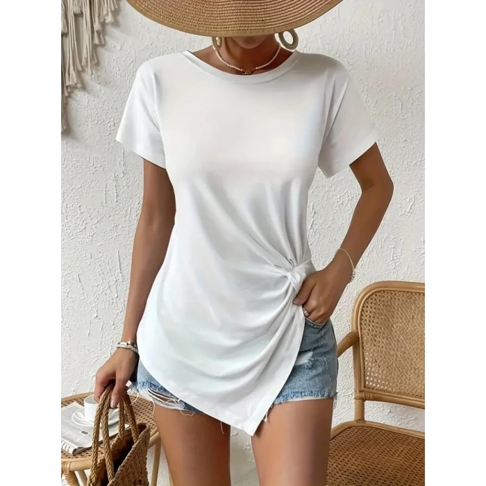 Kadın Kısa Kollu Asimetrik Kesim Beli Büzgü Düğüm Detay Viskon Bluz