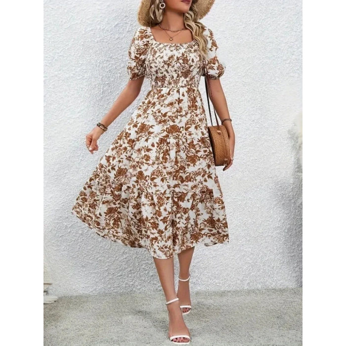 Kadın Kısa Kollu Kare Yakalı Lastikli Desenli Süprem Elbise