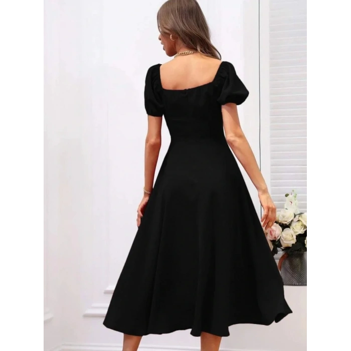 Kadın Kısa Kollu Kare Yakalı Yırtmaçlı Midi Janjan Krep Elbise