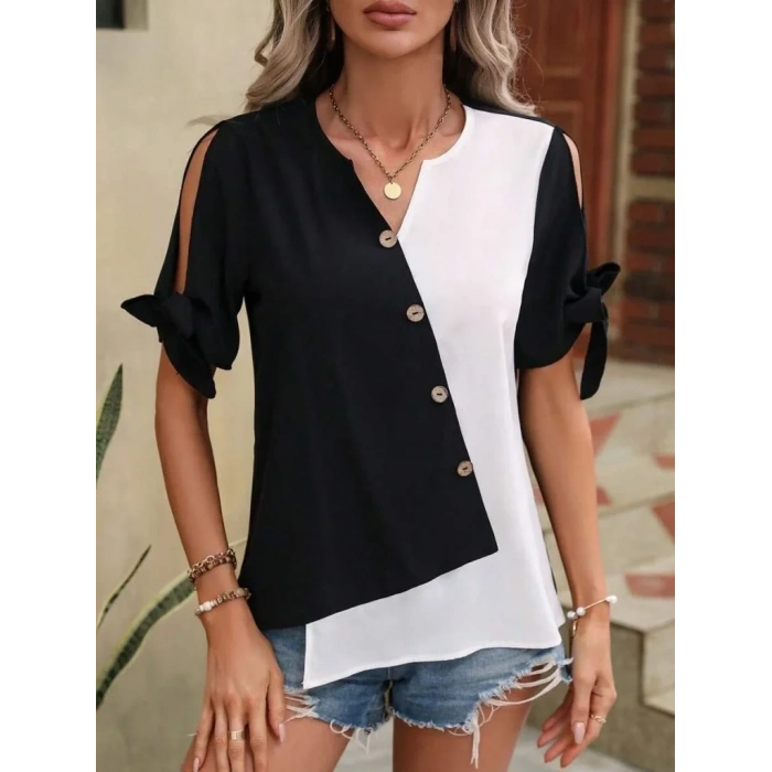 Kadın Kısa Kollu Kollardan Bağlamalı önden Asimetrik Kesim çift Renk Detaylı Düğmeli Ithal Krep Bluz