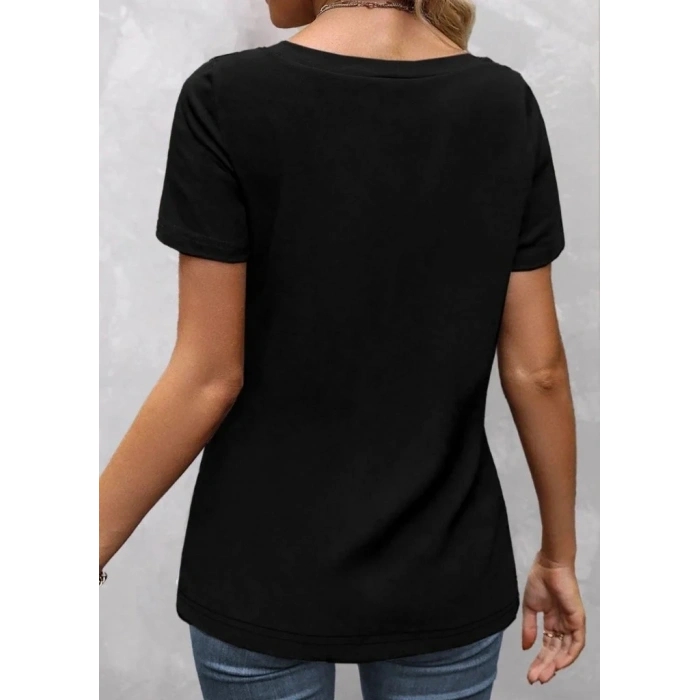 Kadın Kısa Kollu V Yakalı Cepli önden Düğmeli çift Renkli Viskon Bluz