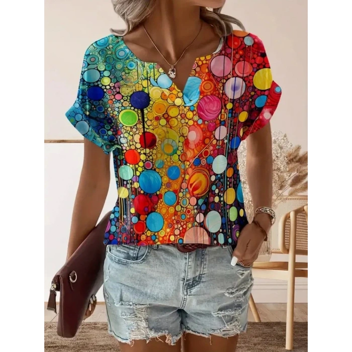 Kadın Kısa Kollu V Yakalı Desenli Süprem Bluz