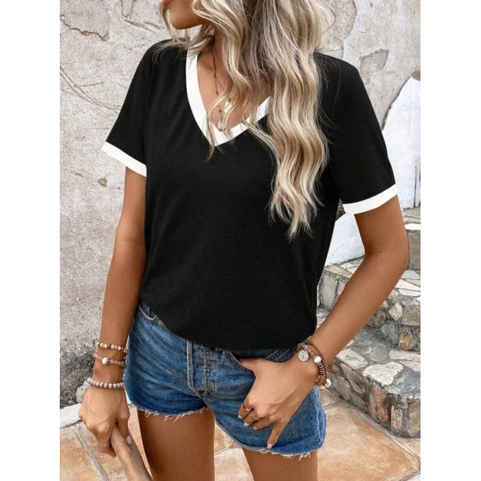 Kadın Kısa Kollu V Yakalı Viskon Bluz