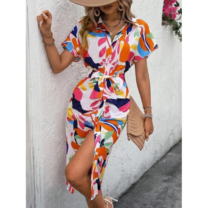 Kadın Kısa Kollu Yakalı önü Düğmeli önden Drapeli Desenli Süprem Elbise