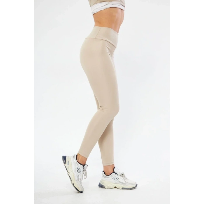 Kadın Kışlık Yüksek Bel Toparlayicı ve Sıkılaştırıcı Likralı Şardonlu Tayt - Bej