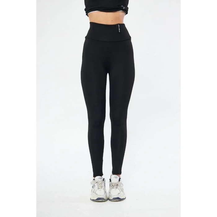 Kadın Kışlık Yüksek Bel Toparlayicı ve Sıkılaştırıcı Likralı Şardonlu Tayt - Siyah